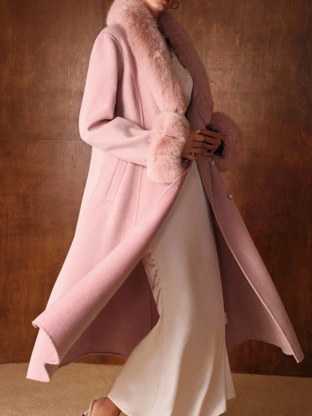 Baby Pink Elegant Women's Collar Cinched Waist Fitted Mid-Length Belted Overcoat